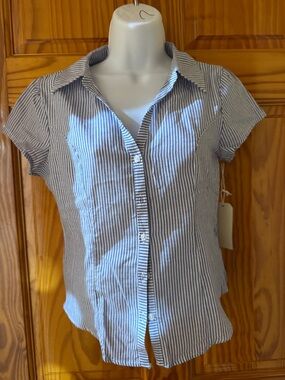 Love Notes Blue and White Striped Button-Front Cap-Sleeve